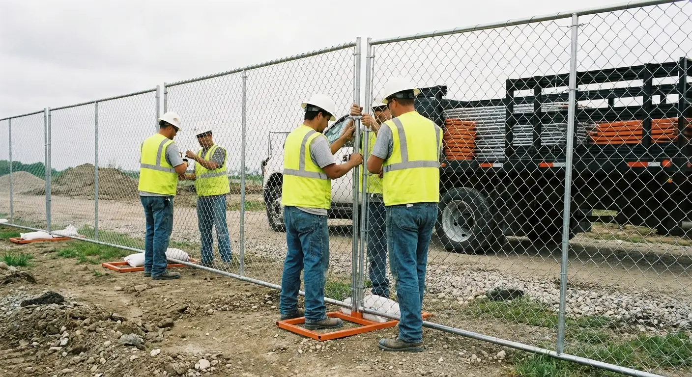Nevins Fence Rental team installing temporary fencing in Methuen, MA