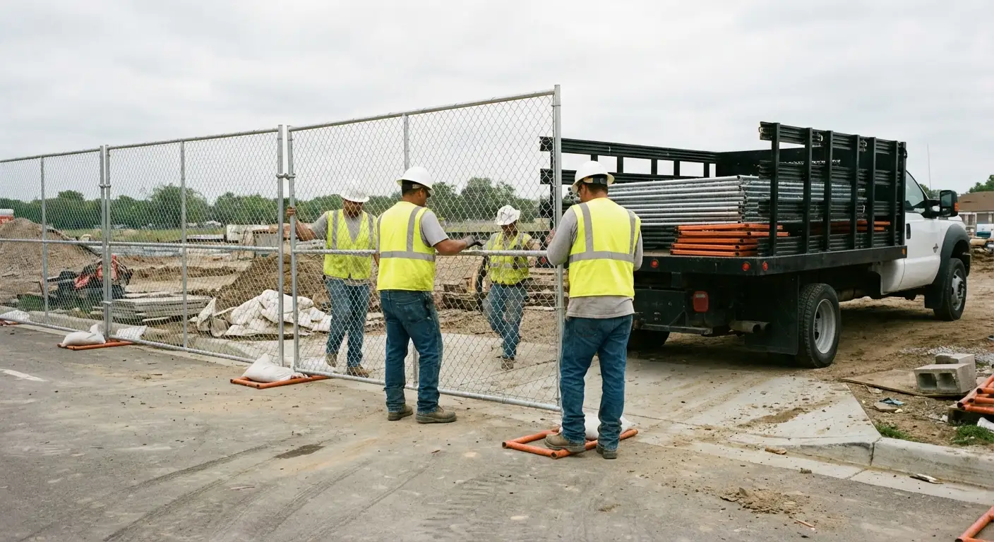 Nevins Fence Rental team securing a construction site perimeter in Methuen, MA